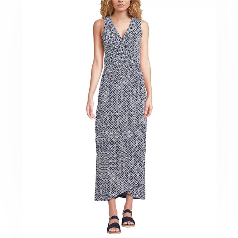 Lands’ End Sleeveless Navy and White Patterned Maxi Dress Size Small (6-8)